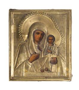 A Russian icon of Mary and child in gilt metal mount, 19th century. 13 x 11cm