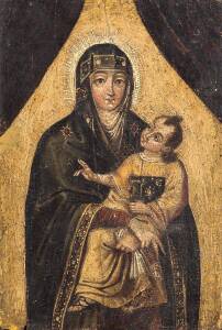 A Russian icon of Mary and Jesus, 19th century. 26 x 28cm