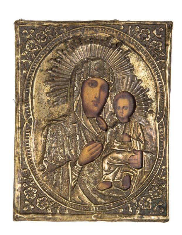 A Russian icon of mother and child in gilt metal mount, 19th century. 23 18cm