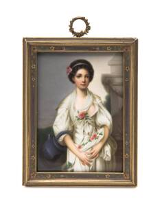 A miniature portrait of a girl painted on porcelain, 19th century. 11 x 8cm