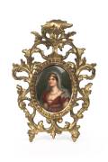 A pair of miniature portraits painted on porcelain in ornate gilt frames, made in Germany, titled verso "Madame Vigie-Lebrun" and "Eliza", 19th century. Frames 20 x 15cm - 2
