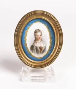 A French miniature portrait on porcelain in gilt frame, 19th century. 12 x 9.5cm