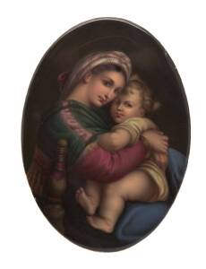 An oval porcelain plaque painted with mother and child, most likely German, 19th century. 16 x 11.5cm