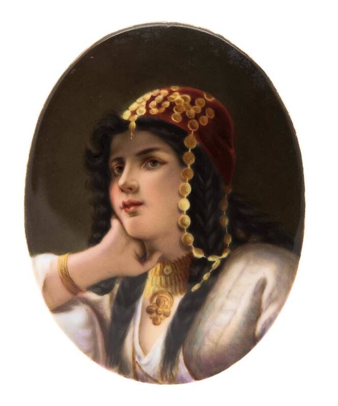 A miniature portrait of a gypsy girl painted on porcelain, German, 19th century. 12.5 x 10cm