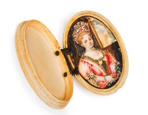 A miniature portrait painted on ivory in bi-fold ivory case, 19th century. 9 x 5.5cm