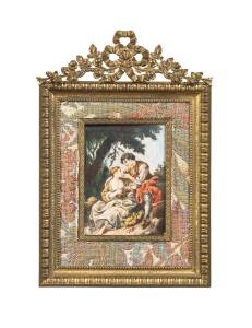 Miniature painting on ivory of a romantic scene, in gilded metal frame, 19th century. Painting 9.5 x 7cm