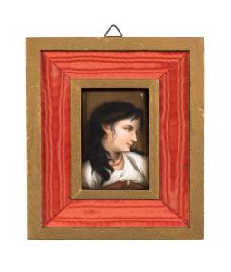 A German porcelain plaque with painted portrait of a girl, most likely by KPM, 19th century. Plaque 9 x 5.5cm