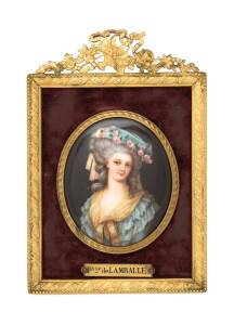 Framed miniature portrait titled "Psse. de LAMBALLE" painted on porcelain in gilt metal frame. Frame 17 x 11cm
