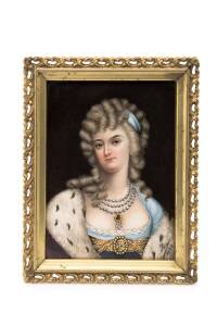 A miniature portrait of a lady in ermine cloak, hand painted on porcelain, signed lower right "Jan, 1889. 14.5 x 10.5cm