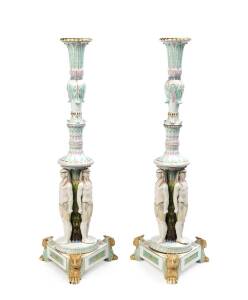 Pair of Meissen German porcelain candlesticks, circa 1830s. 59cm