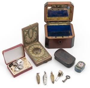 Antique snuff box, inlaid jewel box, pocket sundial, set of 6 sterling silver buttons, miniature Swiss pen knife, enamel snuff box, silver rickshaw charm and 2 Egyptian pendants. (9 items)