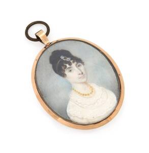 Miniature portrait painted on ivory of the celebrated soprano ANGELICA CATALANI, circa 1810. Catalani was Europe's most notable opera singer in her day. Mounted in gold frame with lock of hair and enamel panel initialed "A.C"