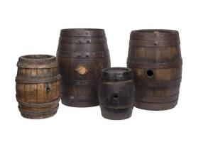Four assorted antique barrels and caskets, varying sizes. Largest 40cm