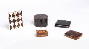 Group of 5 tortoise shell boxes including a fine card case with mother of pearl, 19th century. Largest 10.5 x 8cm