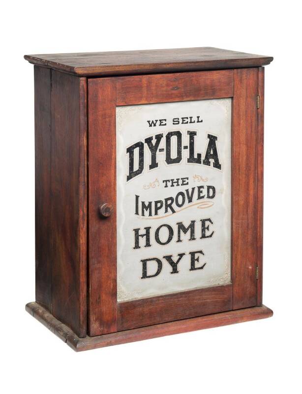 "DY-O-LA The Improved Home Dye" shop advertising double sided cabinet with pigeon hole interior, late 19th century. 43cm high, 35cm wide, 20cm deep. 