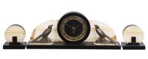 A French art deco 3 piece clock set, black slate, onyx and gilded spelter, circa 1930s. Clock 24.5cm high, 61cm wide