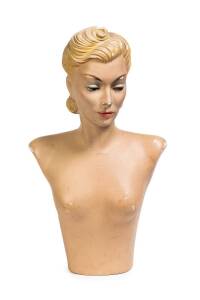 An art deco shop display female bust, painted plaster, circa 1930s. 69cm