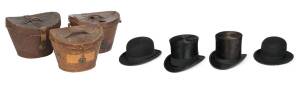 Two antique top hats and 2 bowler hats housed in 3 leather hat boxes.