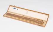 A stylish flat agate blade form letter opener with retailers case for Auguste Feys, French Circa 1920.&nbsp;35.5cm long, 5cm Wide