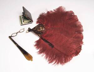 A tortoise shell card case, fan and lorgnette, 19th century.