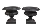 A pair of Victorian style black cast iron urns. 43cm high, 55cm diameter