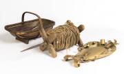 Antique gardening group comprising a French boarder sting line, garden shield&nbsp;plaque&nbsp;& English willow and birch trug