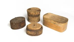 Three antique French cork cheese moulds & a Swedish timber hat box. 