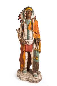 Universal Statuary Corp (Chicago U.S.A) life size cigar store Indian chief statue, circa 1984, painted fibreglass. 180cm