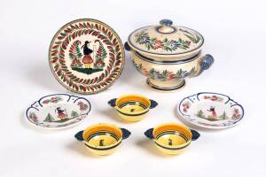 A 19th century Quimper ceramic tureen, serving platter, plates (2), bowls (3) 7 Items. 