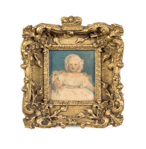 Miniature portrait of a young Queen Victoria in a gilded frame with crown, 19th century. Frame 20 x 18cm