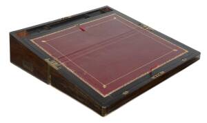 A fine English writing slope traveling box, rosewood and brass with embossed red leather interior. 18cm high, 56cm wide, 28cm deep