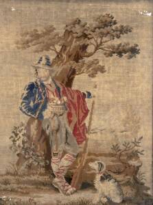 A 19th century tapestry of a hunter with dog, in birdseye maple frame. 59 x 44cm