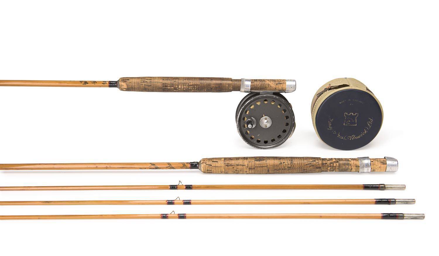 HARDY BROTHERS: The St. George fly fishing reel in soft case together with  two The Phantom #5 2 piece split cane rods, one with extra tip, in Hardy  Brothers canvas bags.