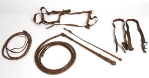 ARCHIE PORTER (1888-1950): Collection of Porters braided leather whip craft comprising a fine stock whip, riding crop, bridle, belts (4), straps (6), suspenders, and whip (no handle), early to mid 20th century. (15 items). PROVENANCE: By direct family des