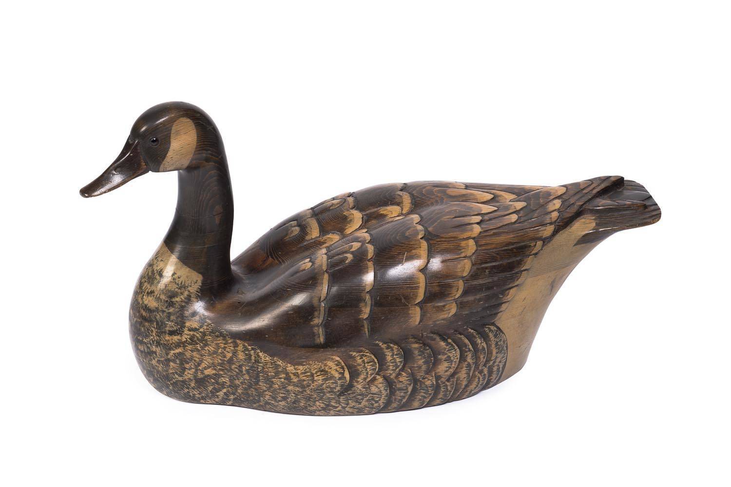 TOM TABER Decoy goose, carved and painted wood, signature on base. 59cm long