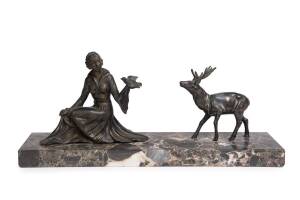 A French art deco bronze finished figure group on marble base, circa 1930's. Base 44.5cm long