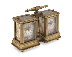 A French desk barometer clock set with hand painted porcelain panels, 19th century. 10cm high, 12cm wide