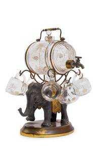 A seven piece drinks set with gilded spelter elephants base, possibly French or Bohemian, late 19th century