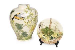 PHILIPPA STEWART-HALL Australian pottery vase and plate decorated with Regents Bowerbird in forest landscape. Vase 44cm, Plate 29cm 