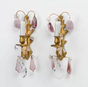 A pair of amethyst and clear glass mounted gilt bronze wall lights, French 19th Century. 28cm high.