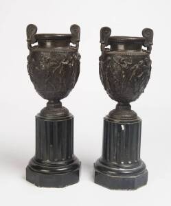 A pair of Neo Classical bronze and marble pedestal urns, French, circa 1900. 49cm high