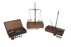 Three sets of antique gold scales and assorted weights, 19th Century.