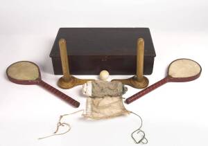 An antique table tennis set with leather and vellum bats, original net and box.