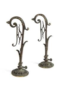 A pair of bronze leaf moulded gasolier sconces, French, 19th century. 40cm high, 11cm wide