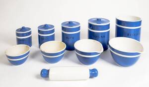 KITCHENALIA Ceramic cannisters (5), bowls (4) and rolling pin, early 20th century. Tallest 25cm. (10 items)