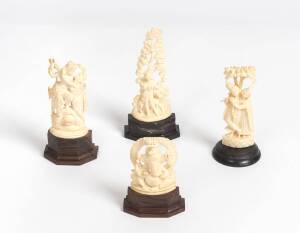 Group of four Indian carved ivory statues of Hindu figures on wooden plinths. Tallest 15cm