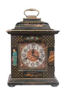 A green chinoiserie lacquer and two train bracket clock, French, circa 1920. 37cm high, 27cm wide, 19cm deep