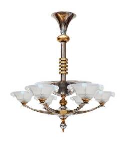 A silver and gilt metal and opalescent glass six branch ceiling light, French Circa 1936