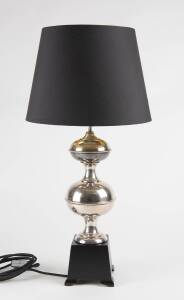 A silver plated knopped table lamp with a black silk shade, French, circa 1950. The base 59cm high