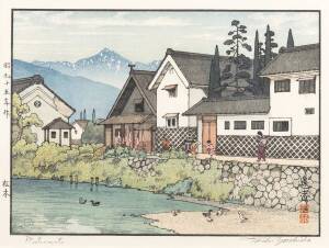 A framed Japanese print by Toshi Yoshida (1911-1995), "Matsumoto", signed and dated 1940, Koban size.